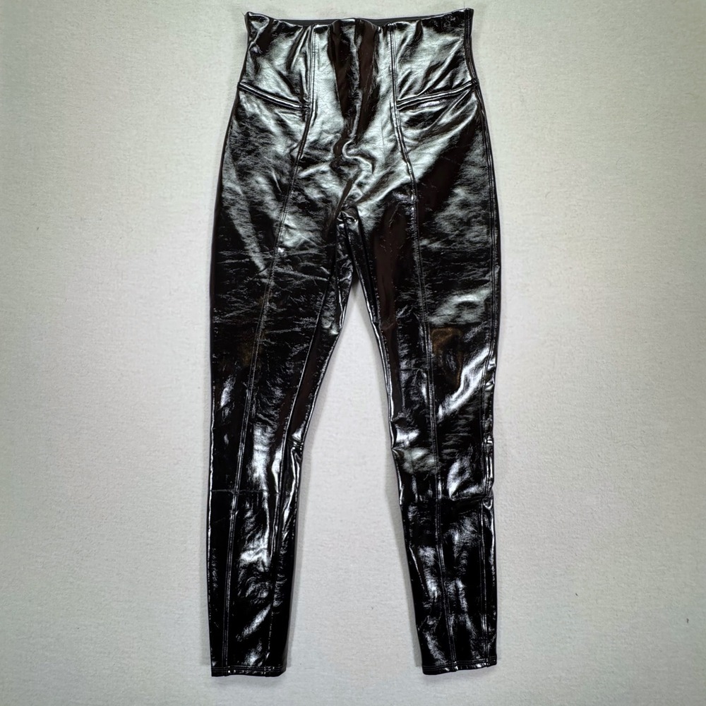 Spanx Womens Leggings Slim Fit Black Patent Faux Leather High Shine Size M